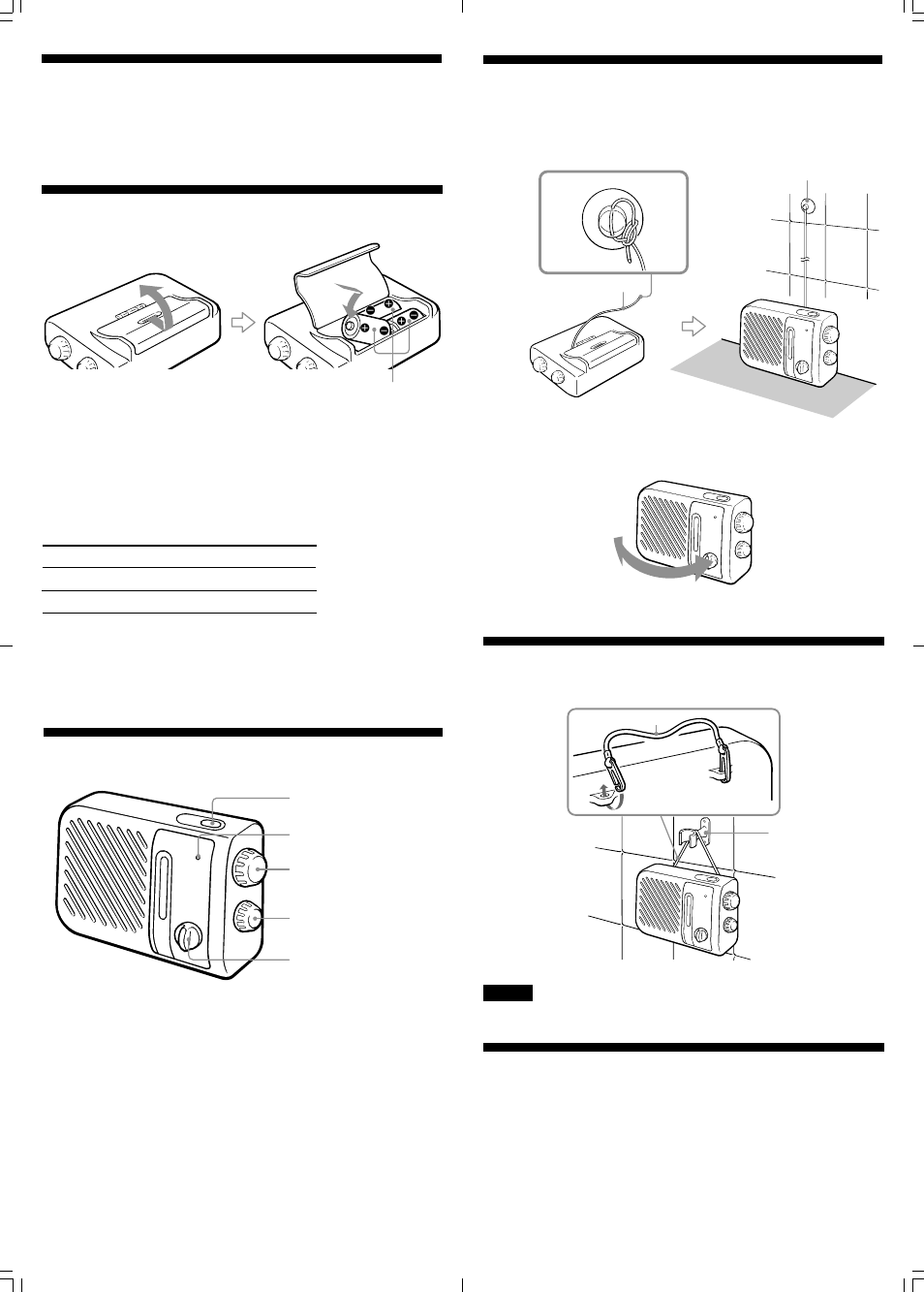 Features, Installing the battery, Playing the radio | Improving the radio reception, Specifications, Hanging the radio | Sony ICF-S70 User Manual | Page 2 / 2