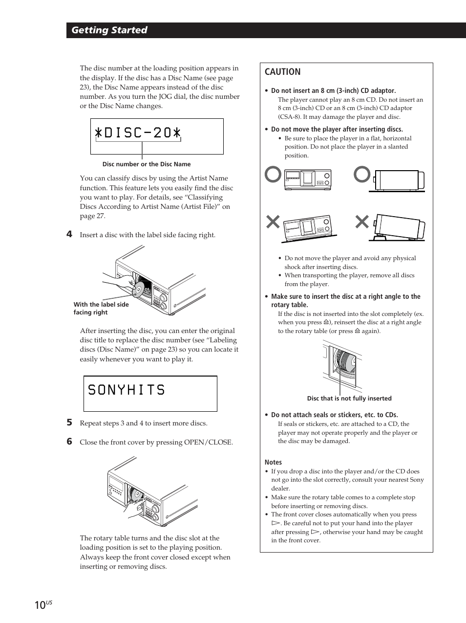 Getting started, Caution | Sony CDP-CX455 User Manual | Page 10 / 40