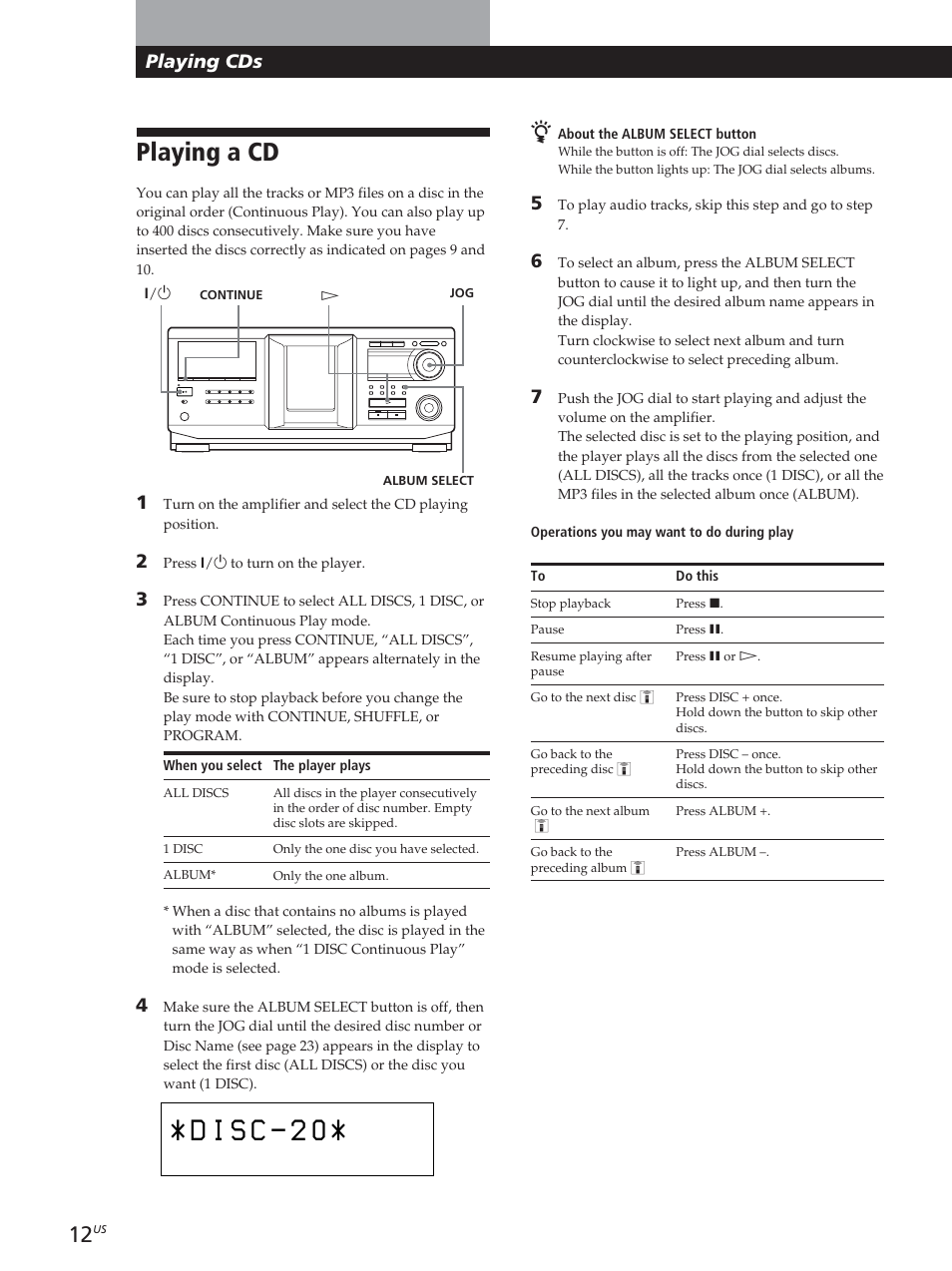 Playing cds, Playing a cd | Sony CDP-CX455 User Manual | Page 12 / 40