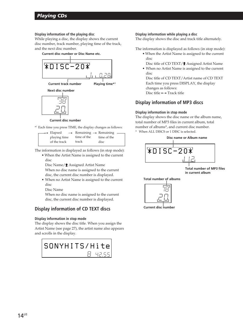 Playing cds, Display information of mp3 discs, Display information of cd text discs | Sony CDP-CX455 User Manual | Page 14 / 40