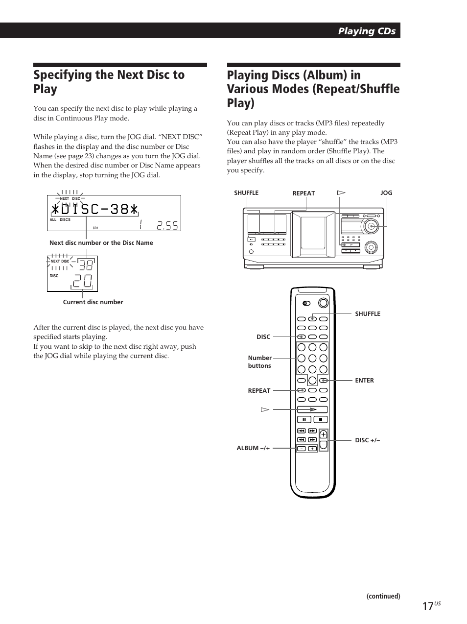 Specifying the next disc to play, Playing cds | Sony CDP-CX455 User Manual | Page 17 / 40