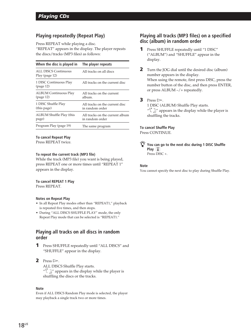 Playing cds, Playing all tracks on all discs in random order 1, Playing repeatedly (repeat play) | Sony CDP-CX455 User Manual | Page 18 / 40