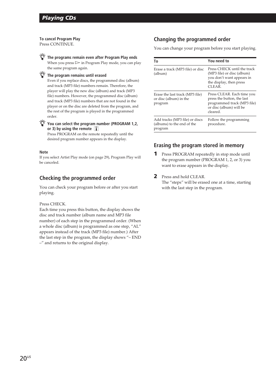Playing cds, Changing the programmed order, Checking the programmed order | Sony CDP-CX455 User Manual | Page 20 / 40