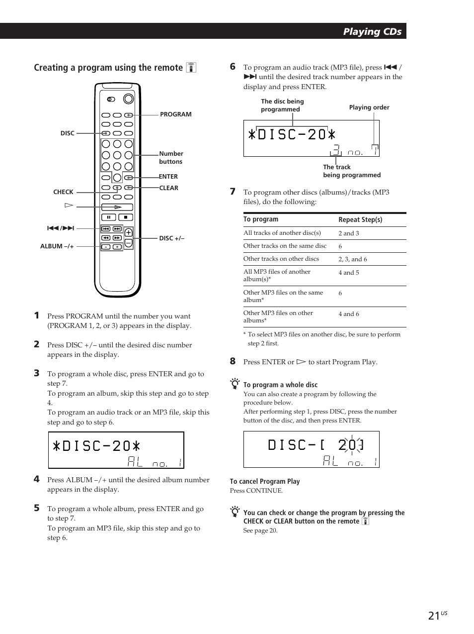 Playing cds, Creating a program using the remote z | Sony CDP-CX455 User Manual | Page 21 / 40