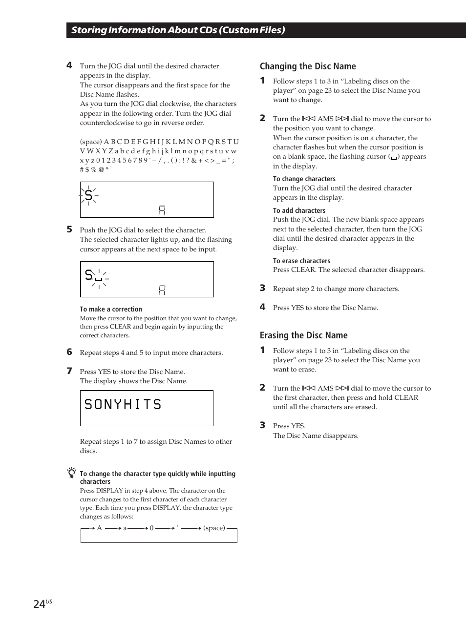 Storing information about cds (custom files), Changing the disc name 1, Erasing the disc name 1 | Sony CDP-CX455 User Manual | Page 24 / 40