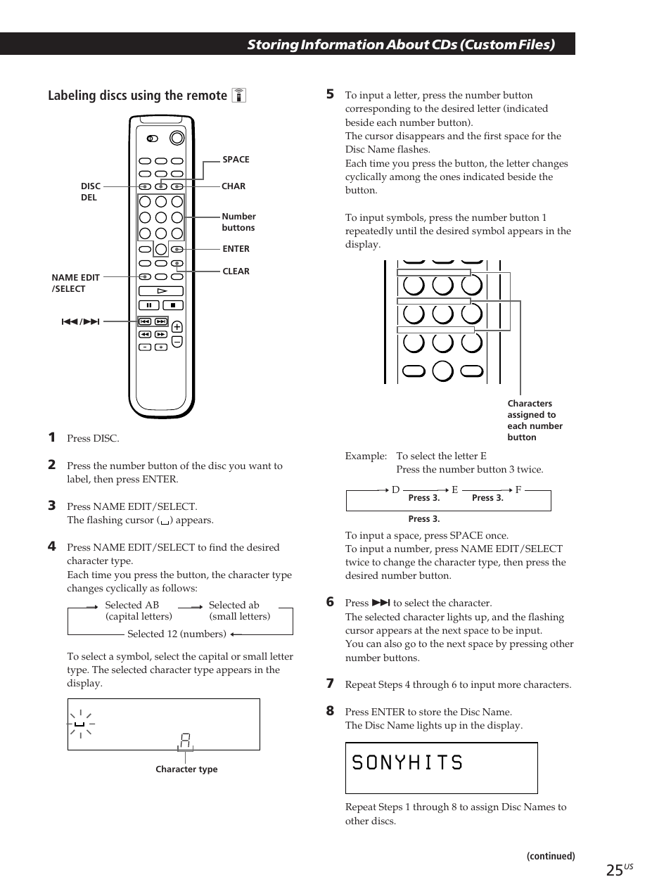 Storing information about cds (custom files), Labeling discs using the remote z 5 | Sony CDP-CX455 User Manual | Page 25 / 40