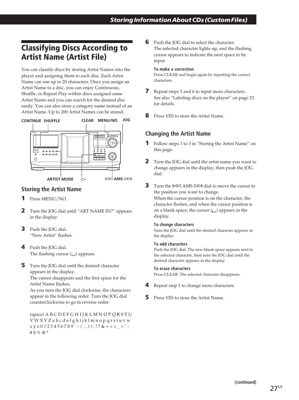 Storing information about cds (custom files), Storing the artist name 1, Changing the artist name 1 | Sony CDP-CX455 User Manual | Page 27 / 40