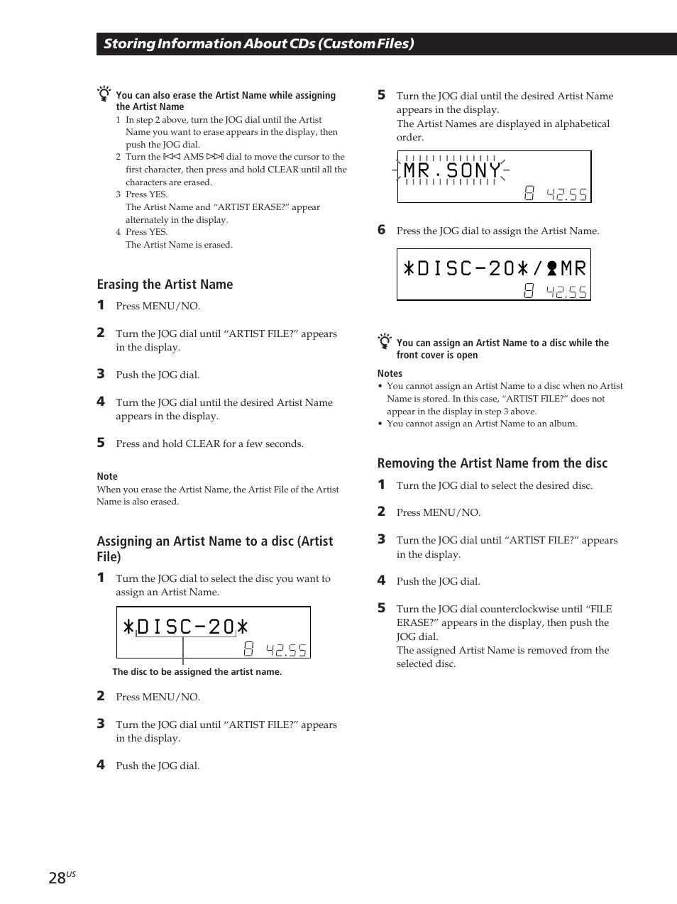 M r . s o n y, Storing information about cds (custom files), Removing the artist name from the disc 1 | Erasing the artist name 1, Assigning an artist name to a disc (artist file) 1 | Sony CDP-CX455 User Manual | Page 28 / 40
