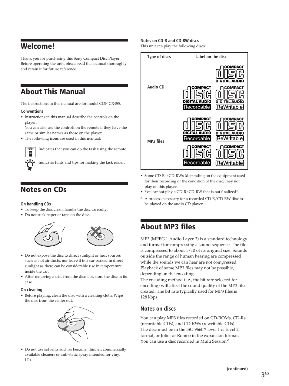 Welcome, About this manual, About mp3 files | Sony CDP-CX455 User Manual | Page 3 / 40