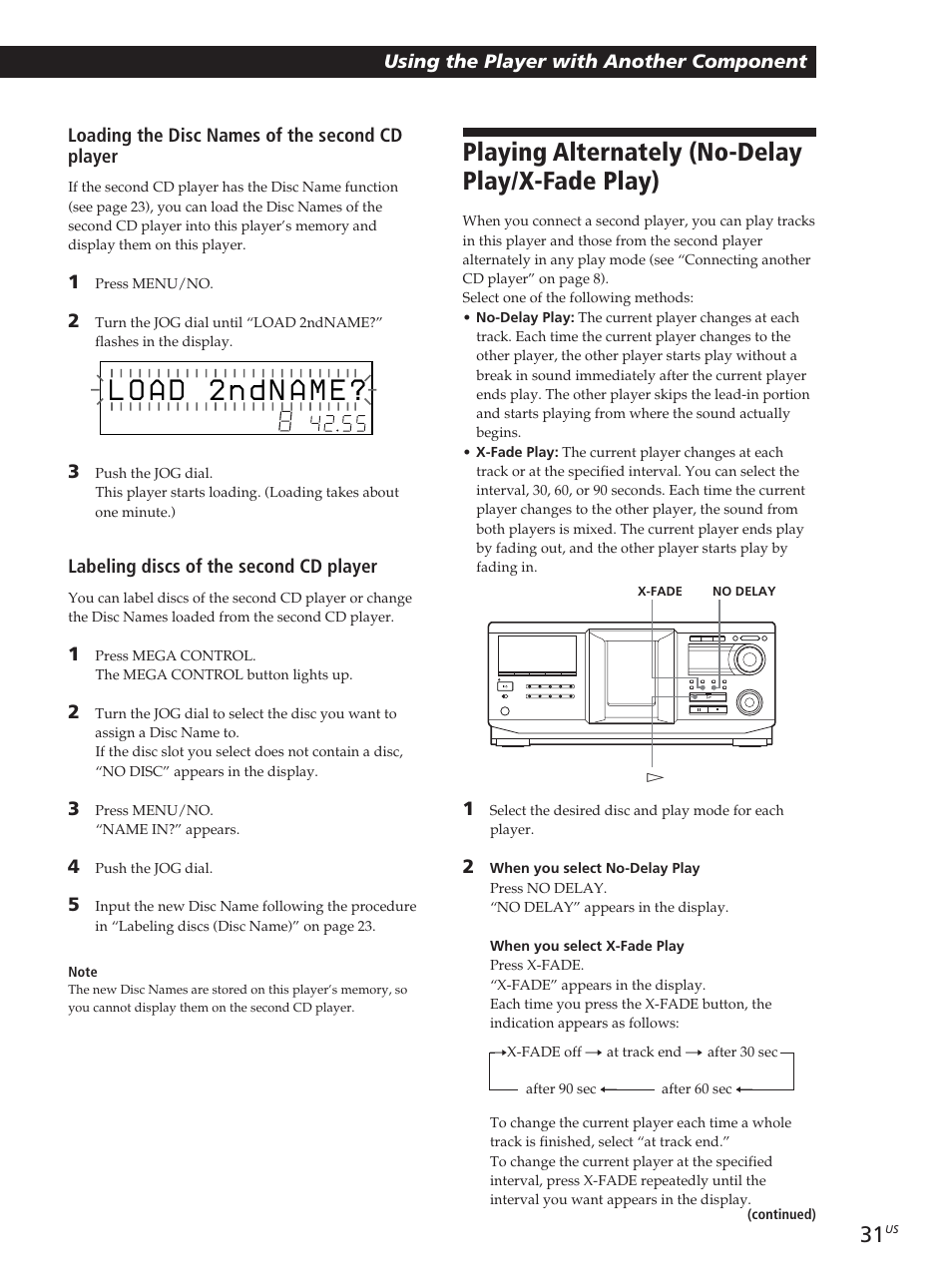 Playing alternately (no-delay play/x-fade play), Storing information about cds (custom files), Loading the disc names of the second cd player | Labeling discs of the second cd player | Sony CDP-CX455 User Manual | Page 31 / 40