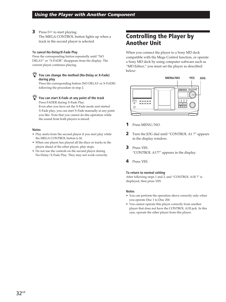 Controlling the player by another unit, Using the player with another component | Sony CDP-CX455 User Manual | Page 32 / 40