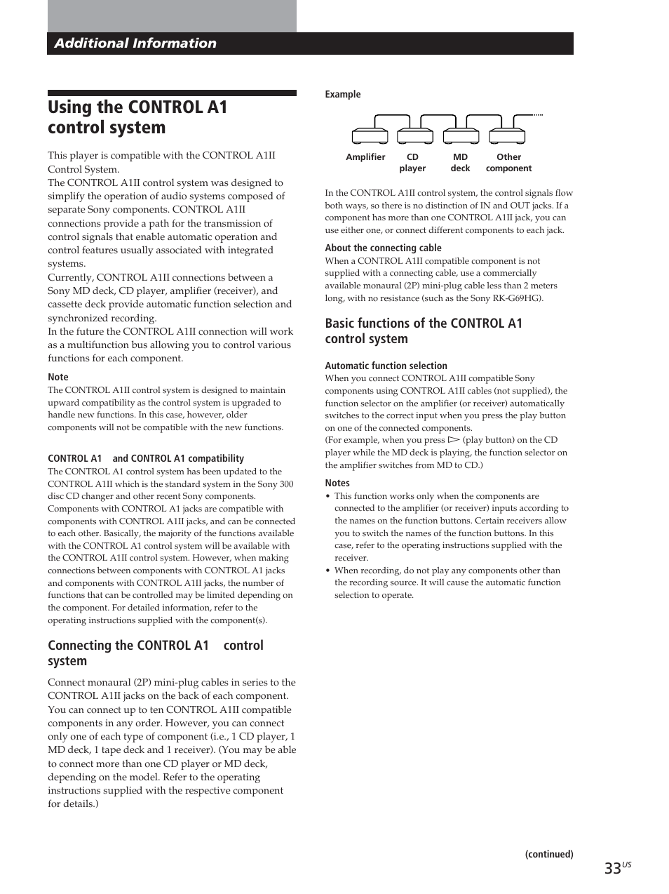 Additional information, Using the control a1ii control system, Connecting the control a1ii control system | Basic functions of the control a1ii control system | Sony CDP-CX455 User Manual | Page 33 / 40