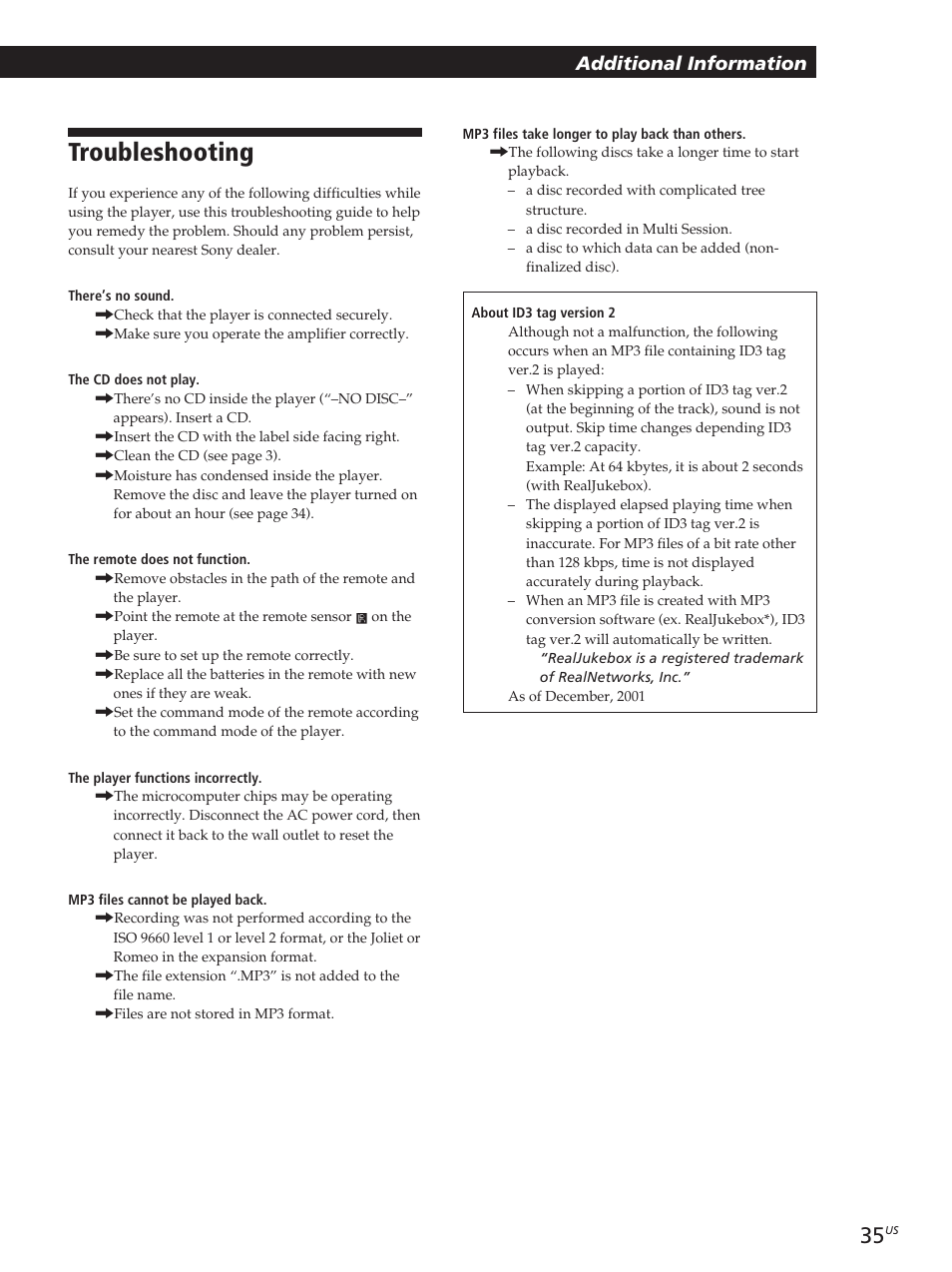 Troubleshooting, Additional information | Sony CDP-CX455 User Manual | Page 35 / 40