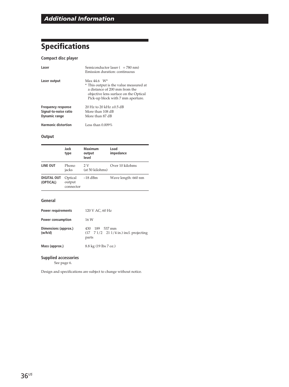 Specifications, Additional information | Sony CDP-CX455 User Manual | Page 36 / 40