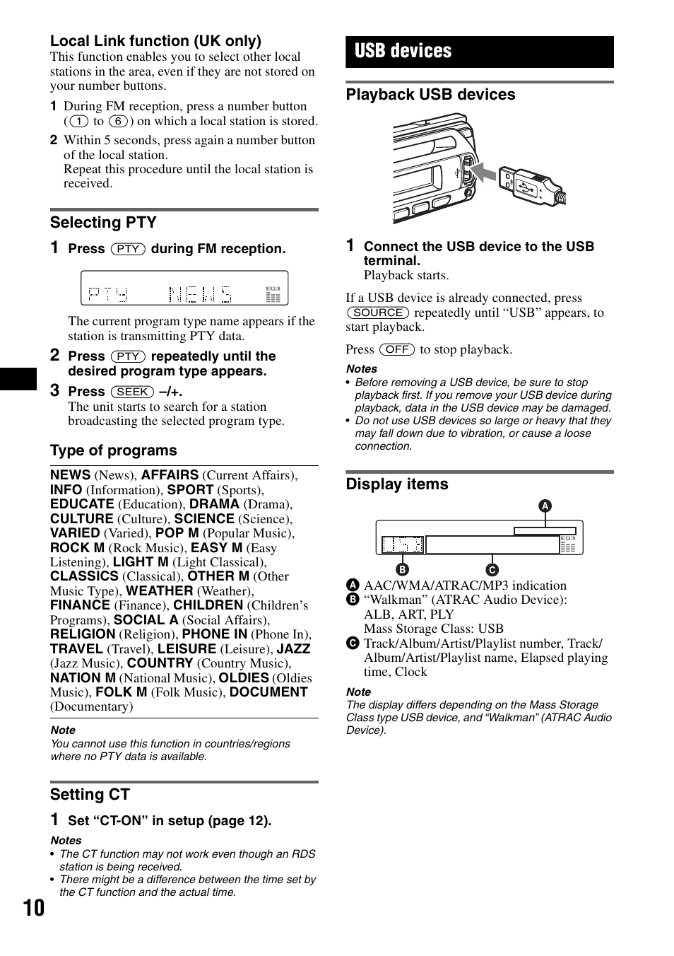 Selecting pty, Setting ct, Usb devices | Playback usb devices, Display items, Selecting pty setting ct, Playback usb devices display items | Sony CDX-GT414U User Manual | Page 10 / 112