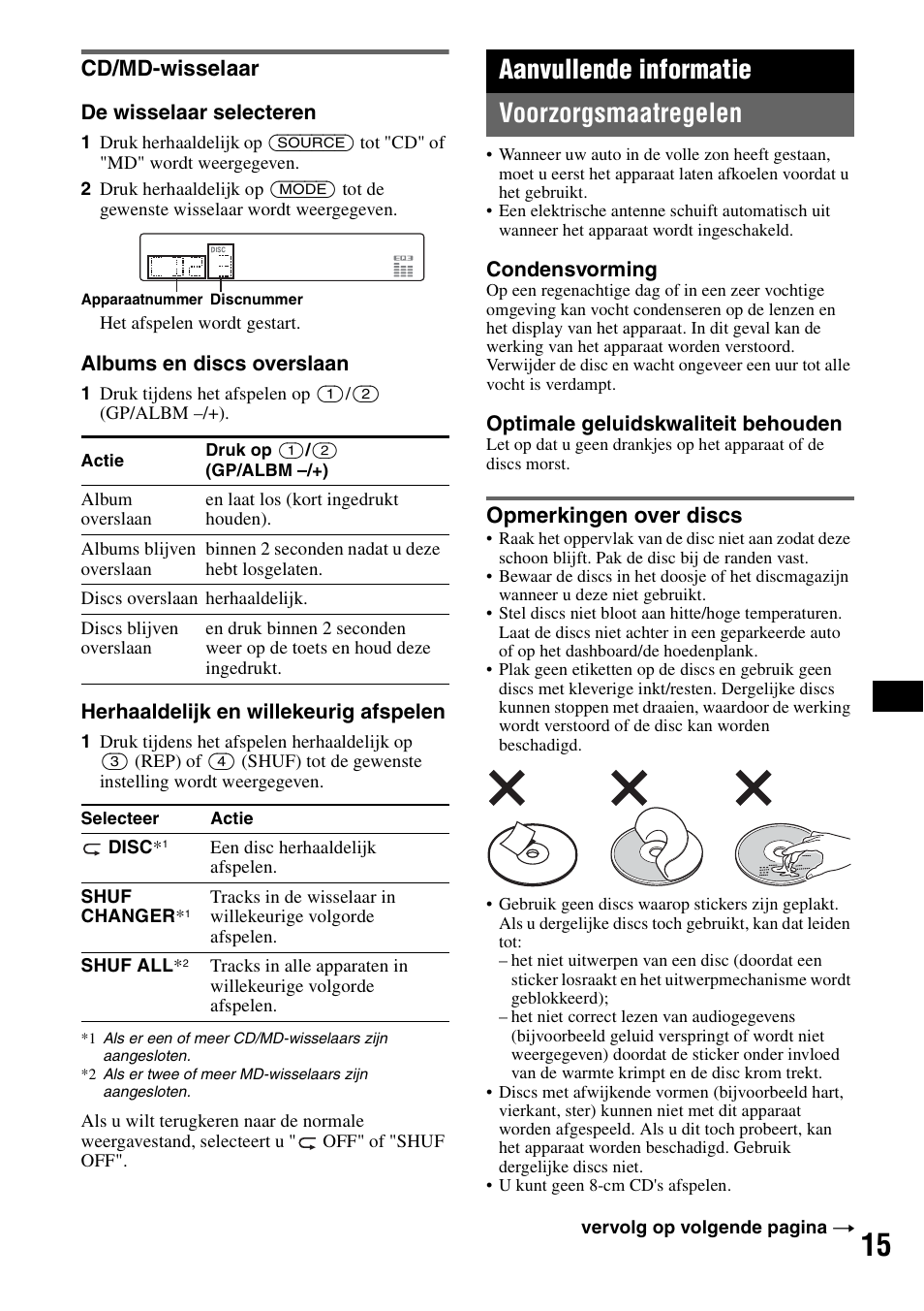 Cd/md-wisselaar, Aanvullende informatie, Voorzorgsmaatregelen | Opmerkingen over discs, 15 v, Aanvullende informatie voorzorgsmaatregelen | Sony CDX-GT414U User Manual | Page 101 / 112