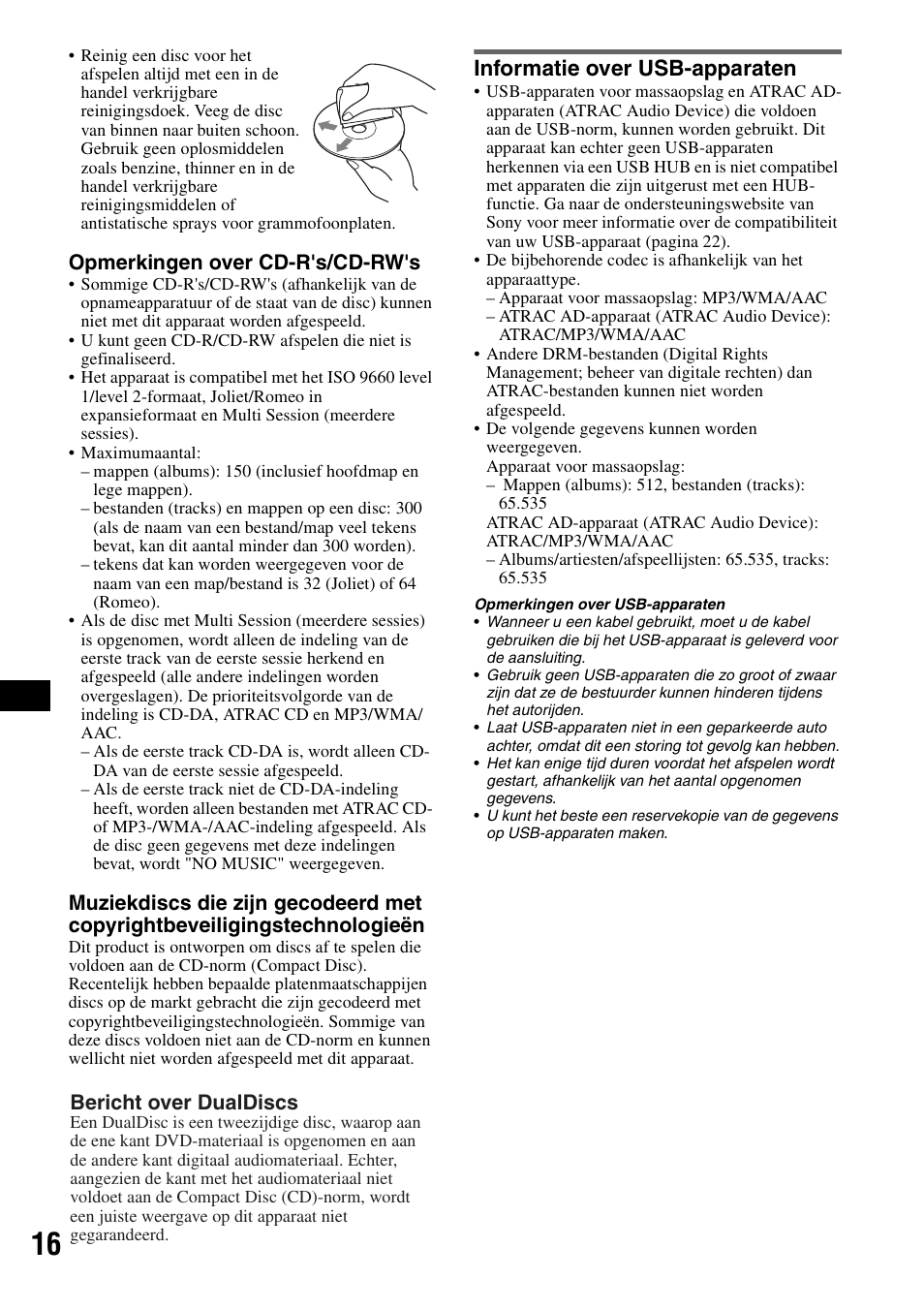 Informatie over usb-apparaten, Opmerkingen over cd-r's/cd-rw's, Bericht over dualdiscs | Sony CDX-GT414U User Manual | Page 102 / 112