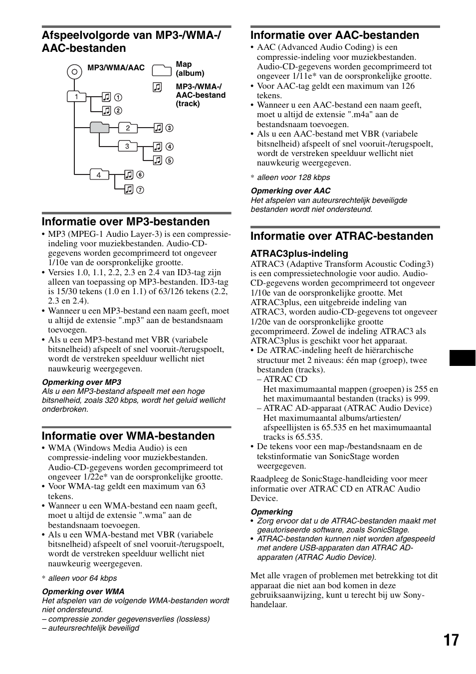 Afspeelvolgorde van mp3-/wma-/ aac-bestanden, Informatie over mp3-bestanden, Informatie over wma-bestanden | Informatie over aac-bestanden, Informatie over atrac-bestanden | Sony CDX-GT414U User Manual | Page 103 / 112