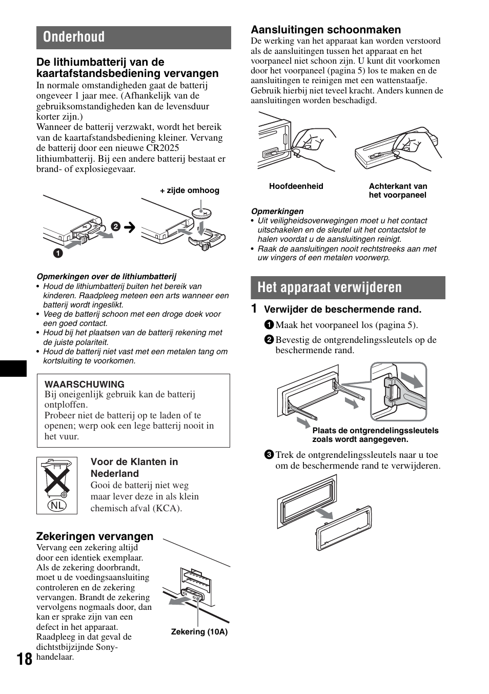 Onderhoud, Het apparaat verwijderen, Onderhoud het apparaat verwijderen | Sony CDX-GT414U User Manual | Page 104 / 112