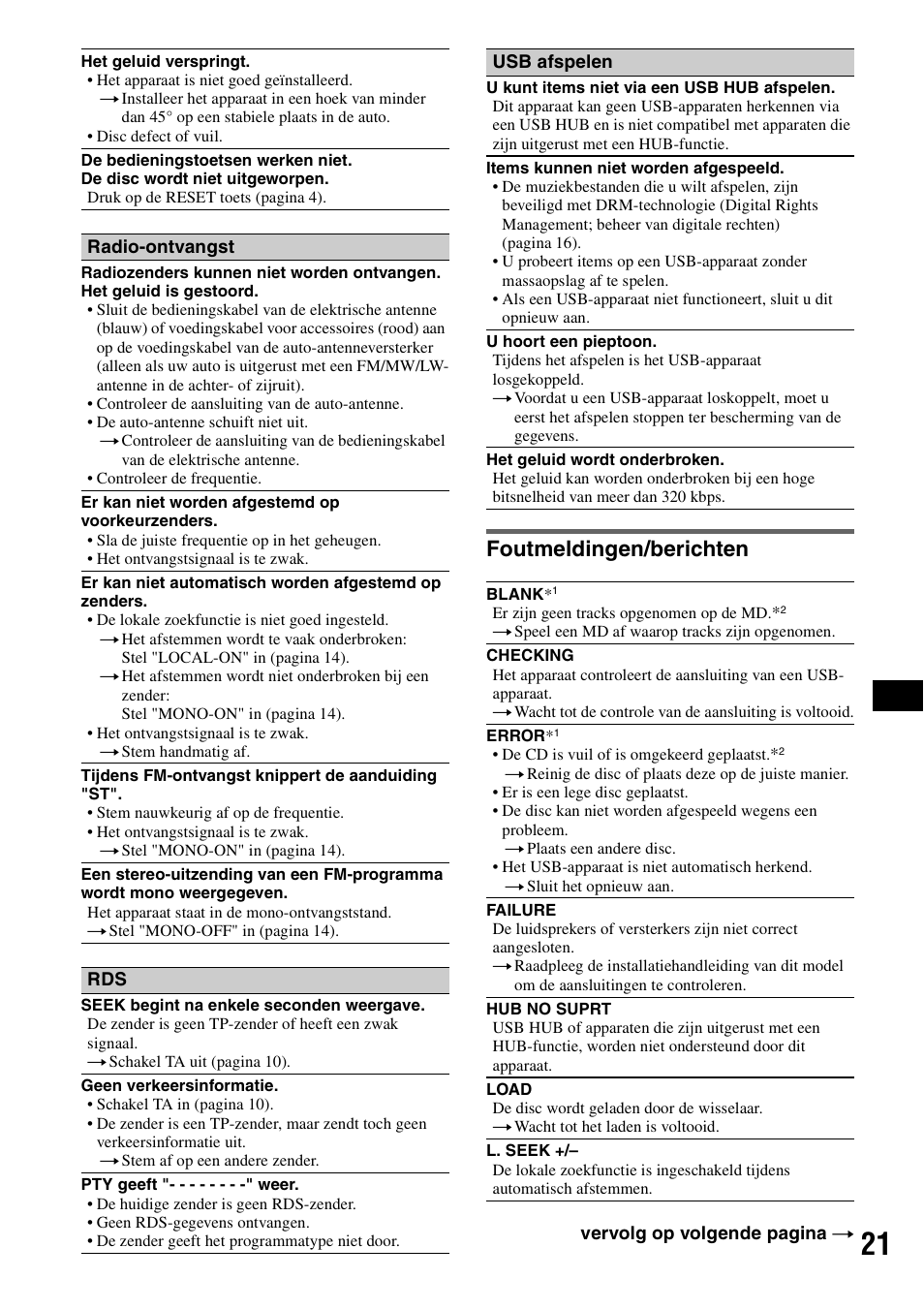 Foutmeldingen/berichten | Sony CDX-GT414U User Manual | Page 107 / 112