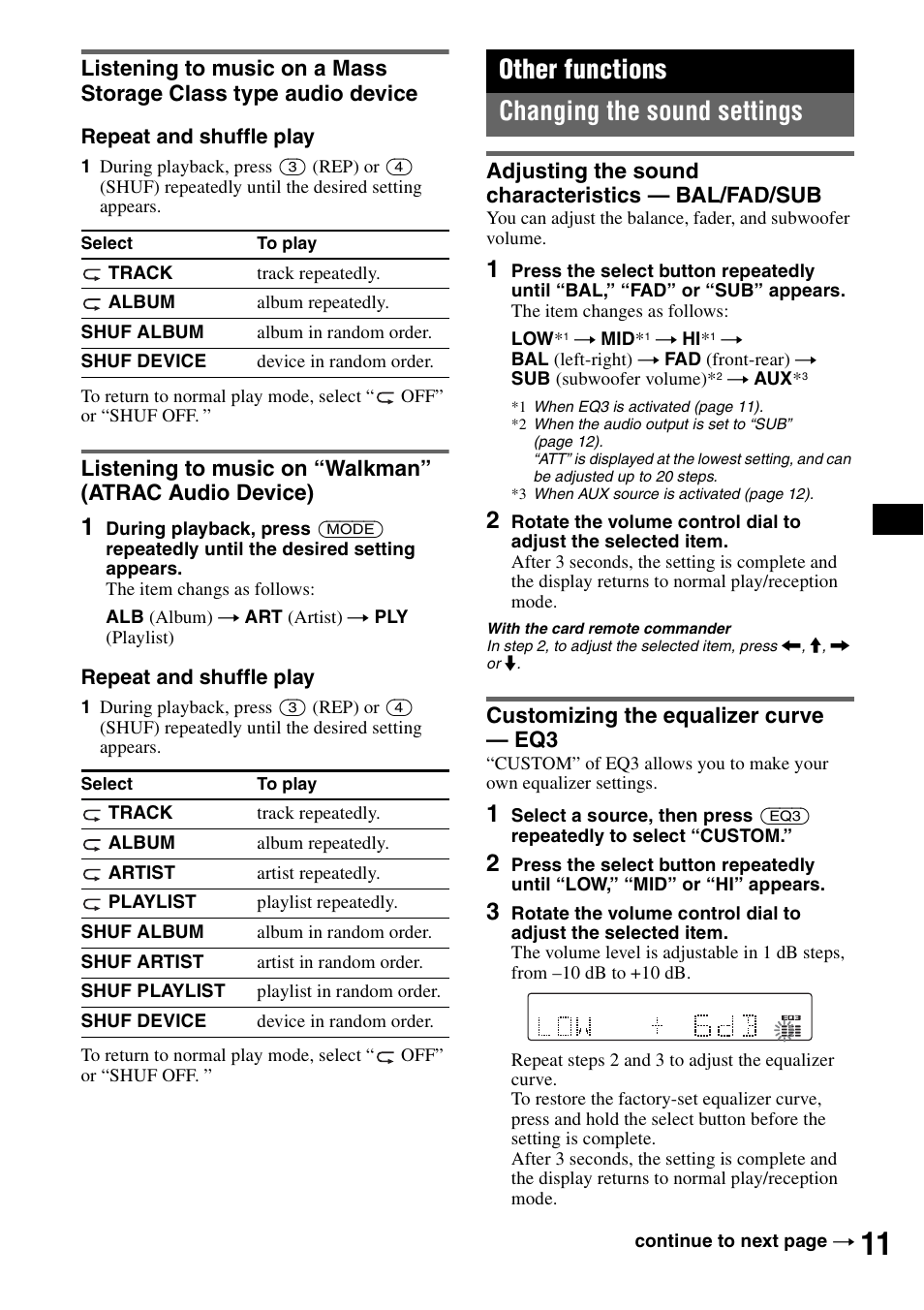 Other functions, Changing the sound settings, Adjusting the sound characteristics - bal/fad/sub | Customizing the equalizer curve - eq3, Adjusting the sound characteristics, Bal/fad/sub customizing the equalizer curve, On 11, Other functions changing the sound settings | Sony CDX-GT414U User Manual | Page 11 / 112