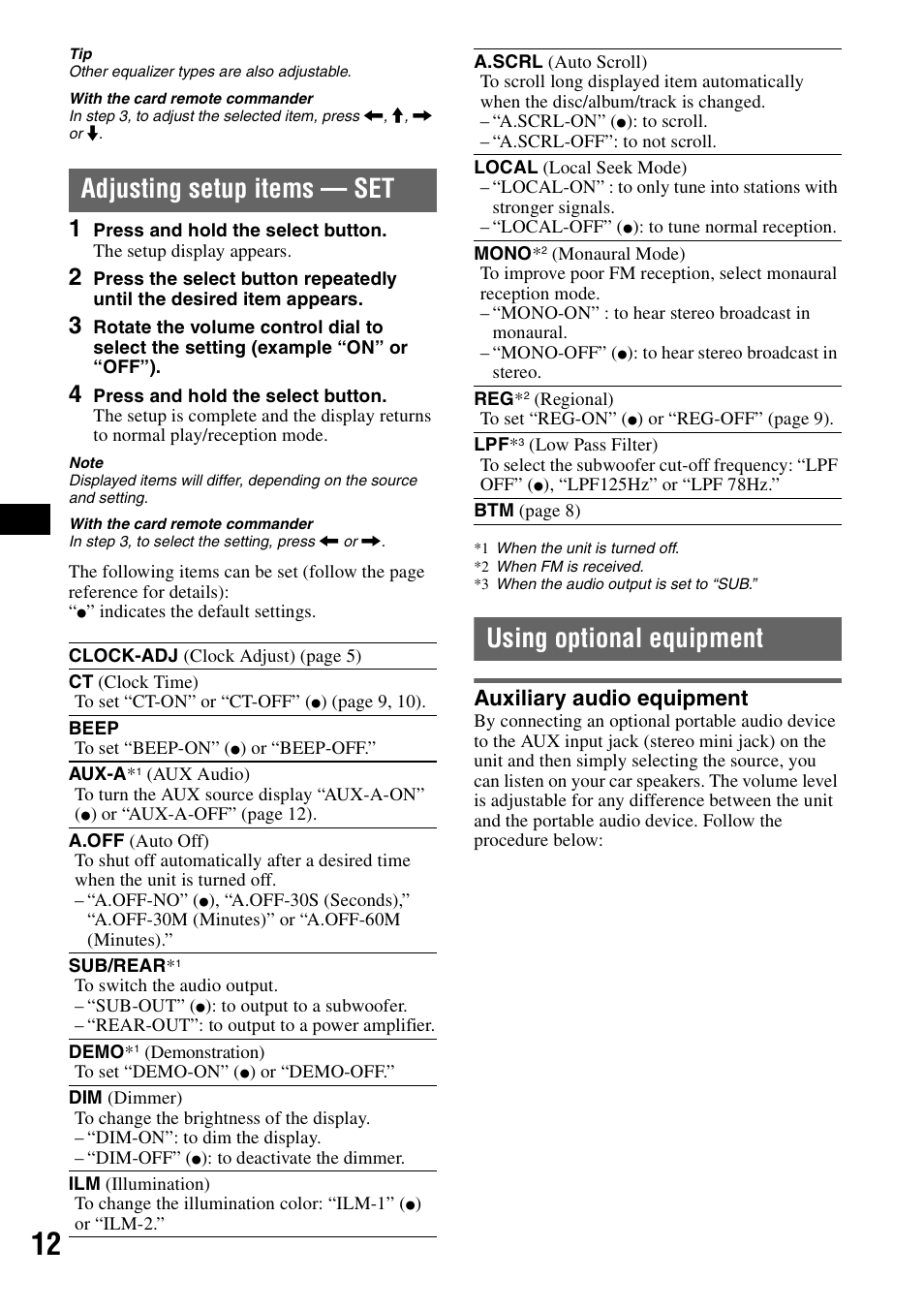 Adjusting setup items - set, Using optional equipment, Auxiliary audio equipment | Adjusting setup items — set | Sony CDX-GT414U User Manual | Page 12 / 112