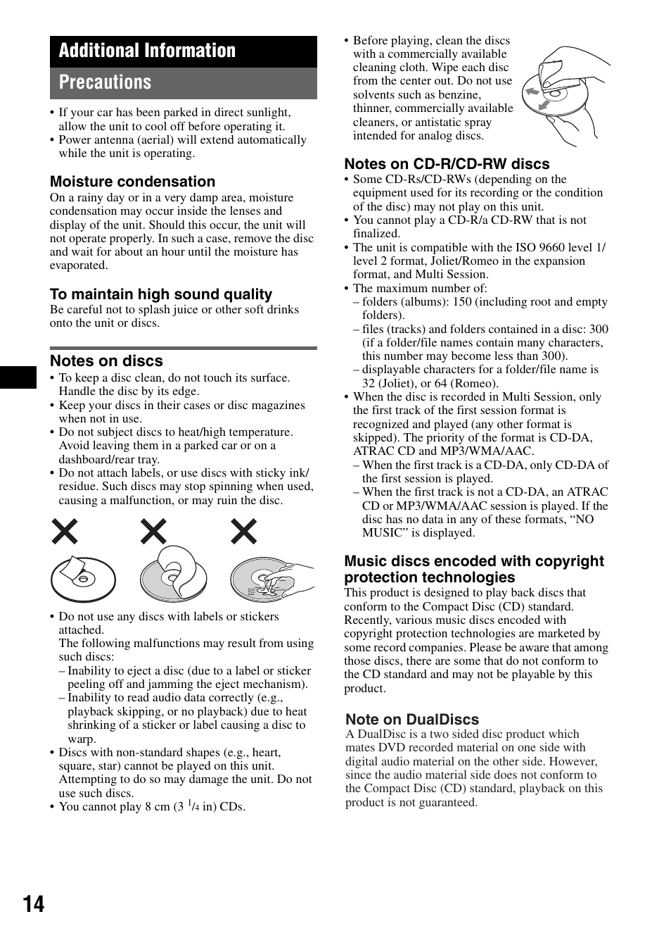 Additional information, Precautions, Notes on discs | Additional information precautions | Sony CDX-GT414U User Manual | Page 14 / 112