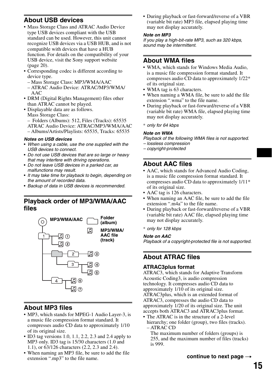 About usb devices, Playback order of mp3/wma/aac files, About mp3 files | About wma files, About aac files, About atrac files, About usb devices playback order of mp3/wma | Sony CDX-GT414U User Manual | Page 15 / 112