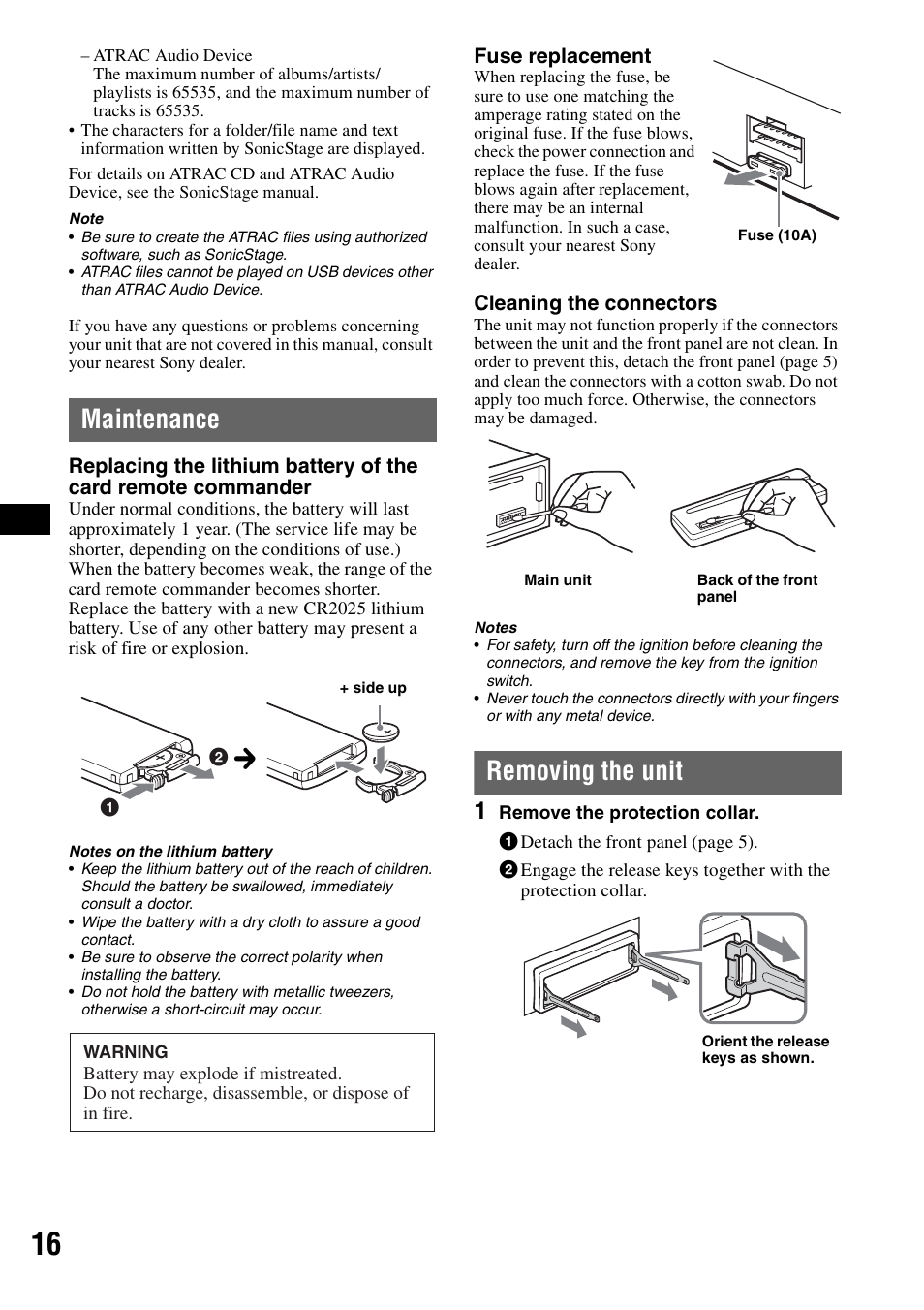 Maintenance, Removing the unit, Maintenance removing the unit | Sony CDX-GT414U User Manual | Page 16 / 112