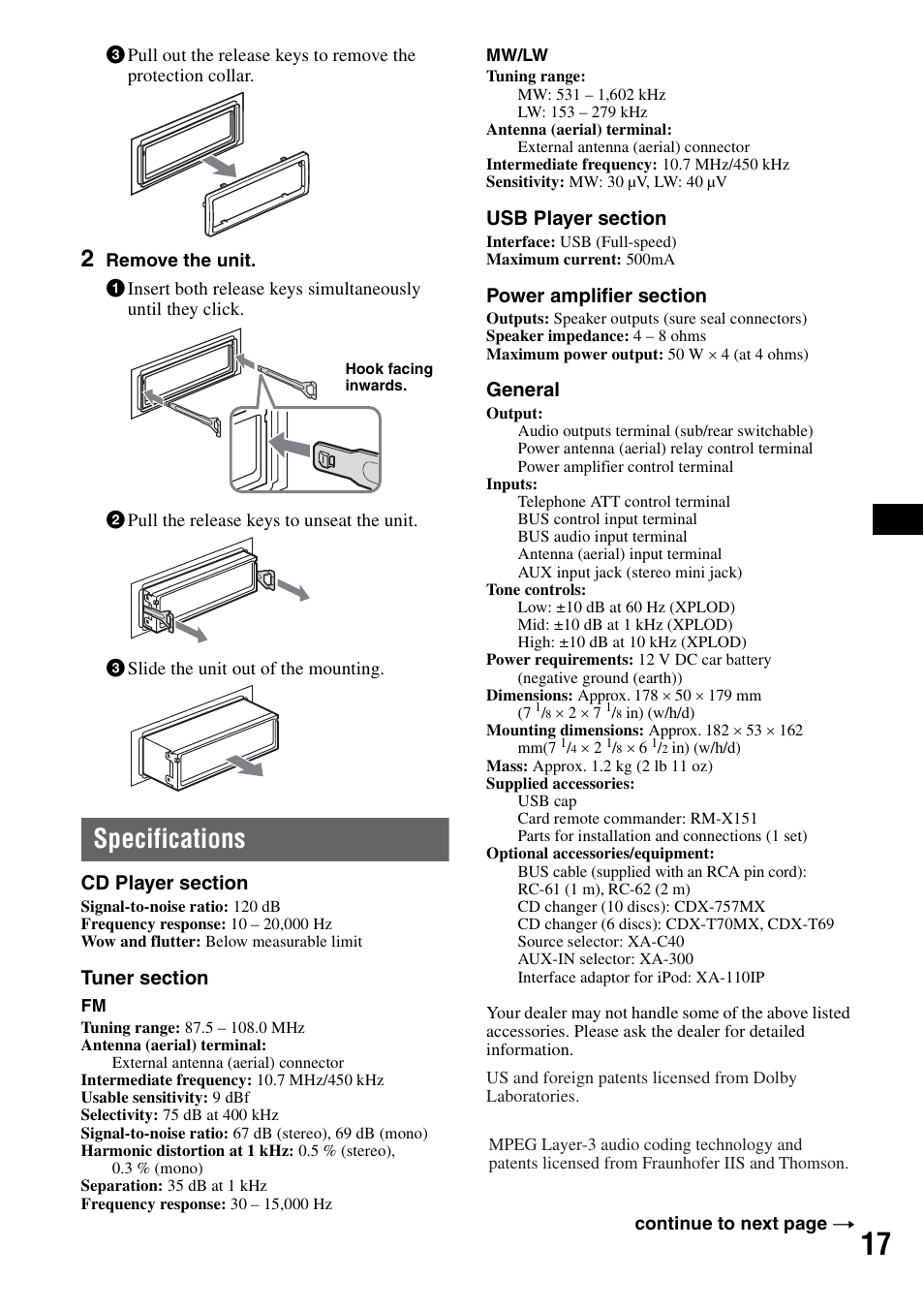 Specifications | Sony CDX-GT414U User Manual | Page 17 / 112