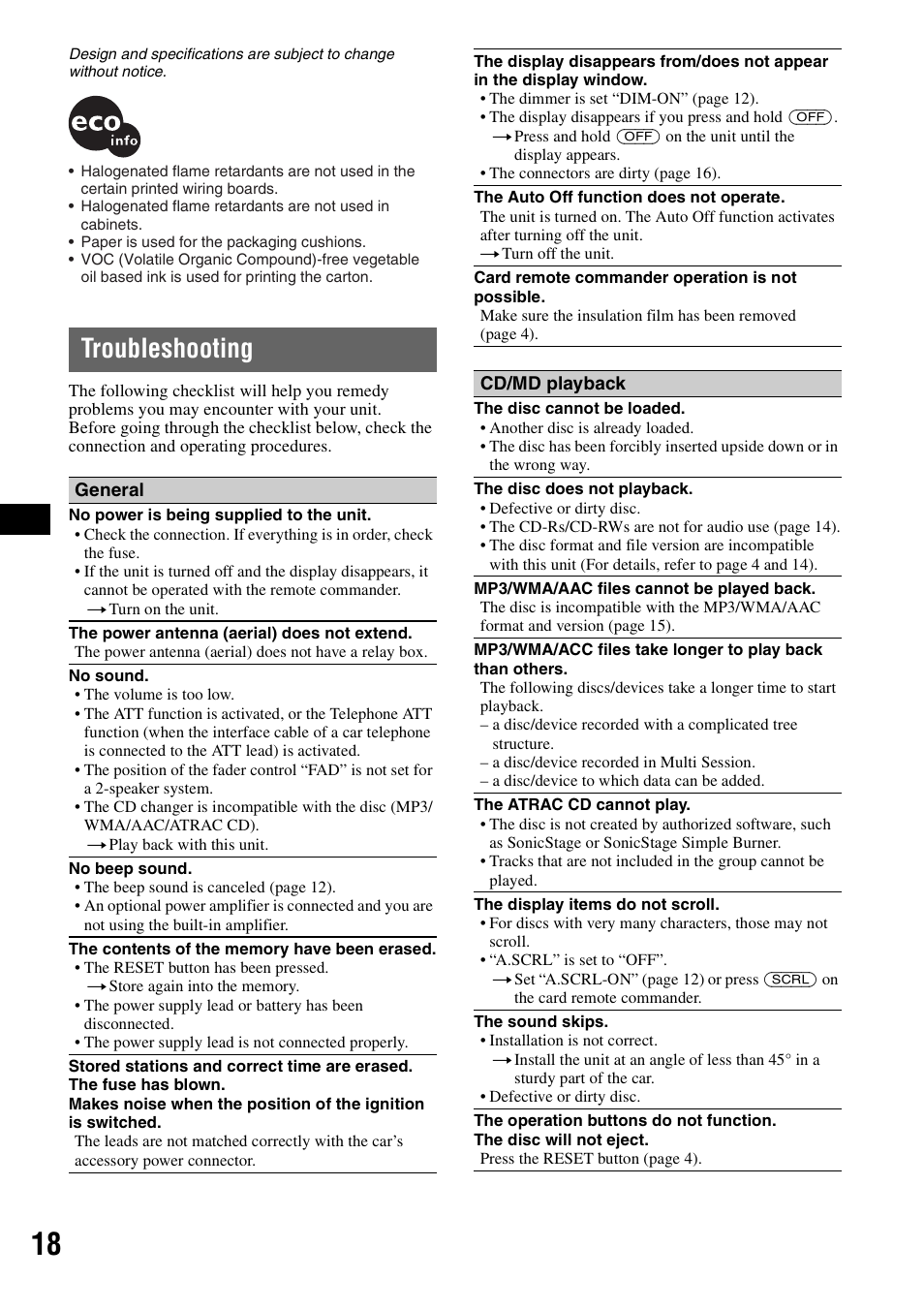 Troubleshooting | Sony CDX-GT414U User Manual | Page 18 / 112