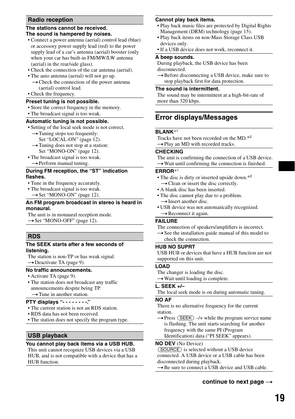 Error displays/messages | Sony CDX-GT414U User Manual | Page 19 / 112