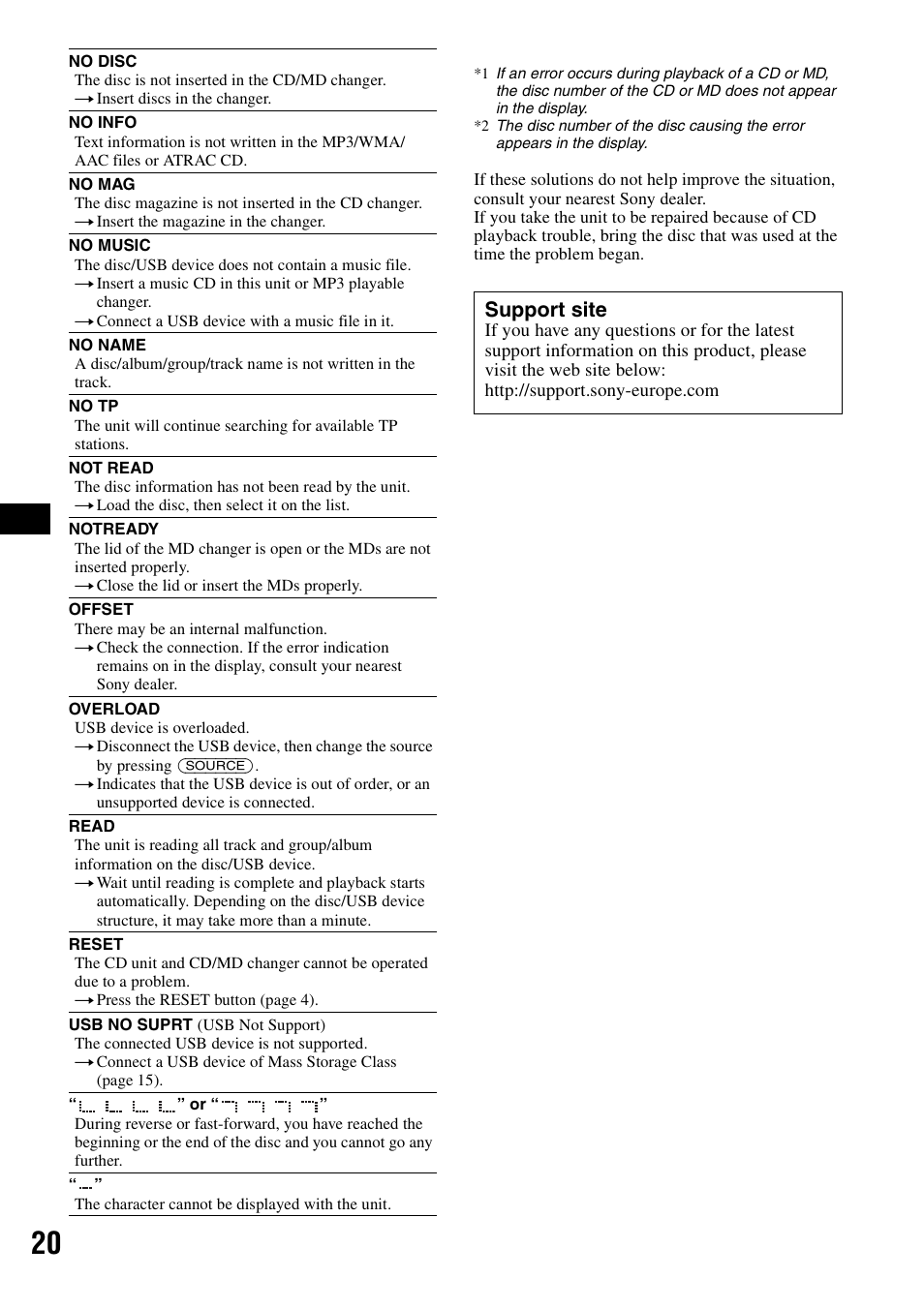 Support site | Sony CDX-GT414U User Manual | Page 20 / 112