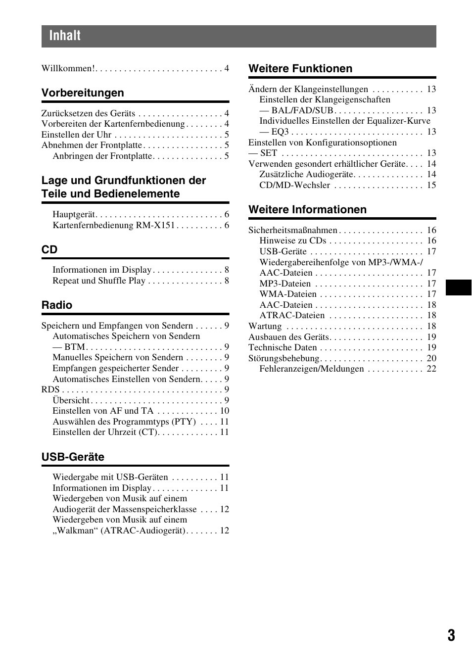 Inhalt | Sony CDX-GT414U User Manual | Page 23 / 112