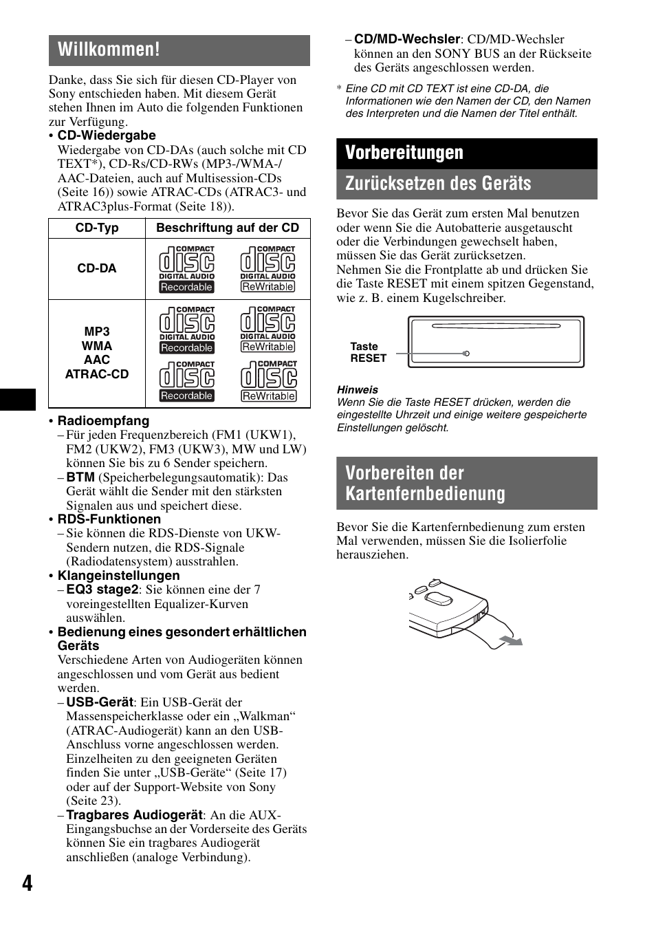 Willkommen, Vorbereitungen, Zurücksetzen des geräts | Vorbereiten der kartenfernbedienung, Vorbereitungen zurücksetzen des geräts | Sony CDX-GT414U User Manual | Page 24 / 112