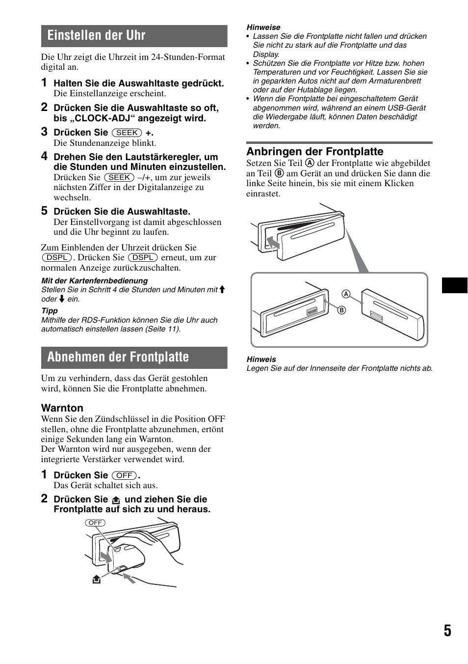 Einstellen der uhr, Abnehmen der frontplatte, Anbringen der frontplatte | Einstellen der uhr abnehmen der frontplatte | Sony CDX-GT414U User Manual | Page 25 / 112