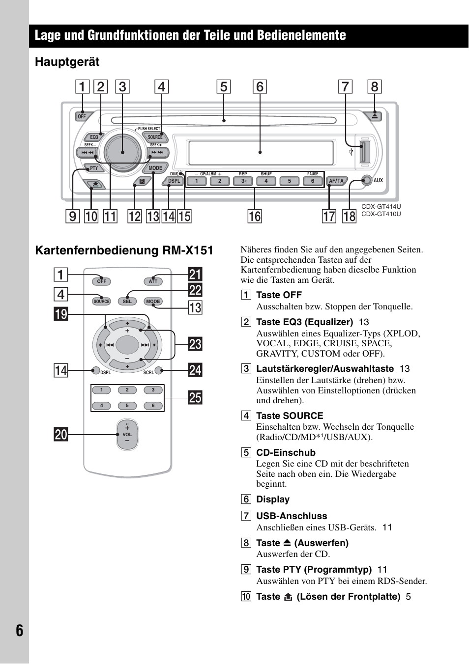 Hauptgerät, Kartenfernbedienung rm-x151, Hauptgerät kartenfernbedienung rm-x151 | Qa qd q; 9 qs qfqg 7 qk, 4ws qd 1 wf ql qf wa w; wg wd | Sony CDX-GT414U User Manual | Page 26 / 112