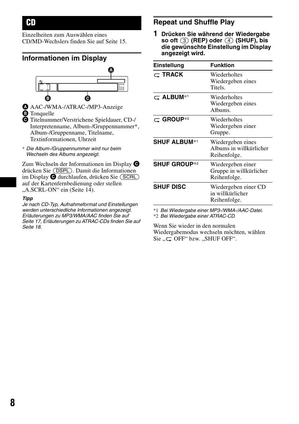 Informationen im display, Repeat und shuffle play, Informationen im display repeat und shuffle play | Ep 8 | Sony CDX-GT414U User Manual | Page 28 / 112