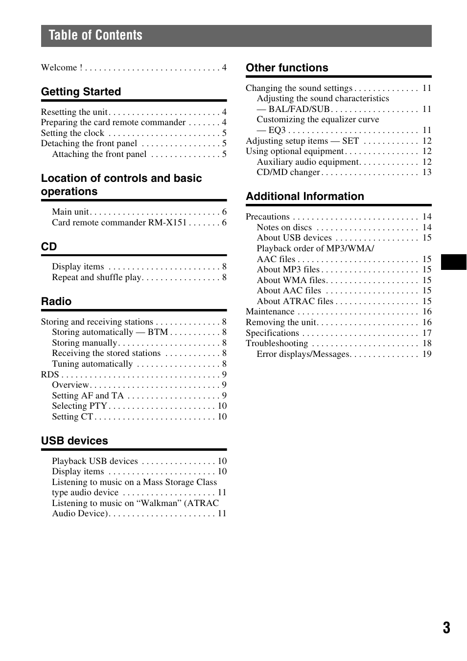 Sony CDX-GT414U User Manual | Page 3 / 112