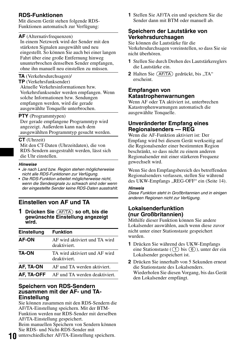 Einstellen von af und ta | Sony CDX-GT414U User Manual | Page 30 / 112