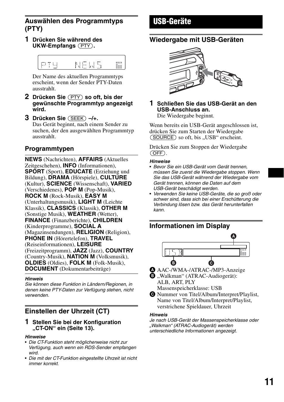 Auswählen des programmtyps (pty), Einstellen der uhrzeit (ct), Usb-geräte | Wiedergabe mit usb-geräten, Informationen im display | Sony CDX-GT414U User Manual | Page 31 / 112