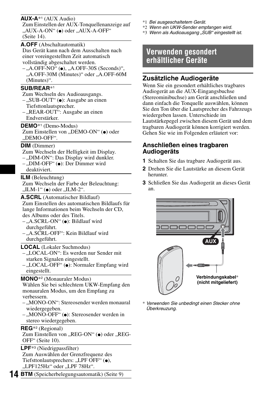 Verwenden gesondert erhältlicher geräte, Zusätzliche audiogeräte, F seite 14 | Seite 14), Seite 14, Anschließen eines tragbaren audiogeräts | Sony CDX-GT414U User Manual | Page 34 / 112