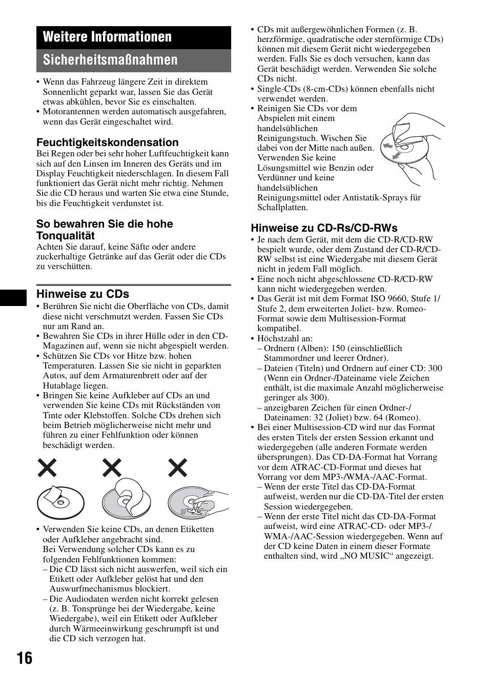 Weitere informationen, Sicherheitsmaßnahmen, Hinweise zu cds | Seite 16), Weitere informationen sicherheitsmaßnahmen | Sony CDX-GT414U User Manual | Page 36 / 112