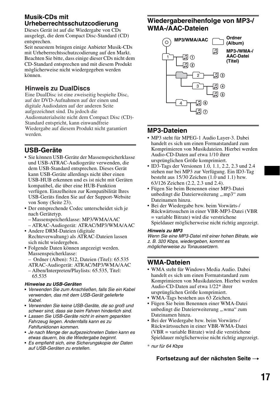 Usb-geräte, Wiedergabereihenfolge von mp3-/ wma-/aac-dateien, Mp3-dateien | Wma-dateien, Seite 17), Seite 17, e, Musik-cds mit urheberrechtsschutzcodierung, Hinweis zu dualdiscs | Sony CDX-GT414U User Manual | Page 37 / 112