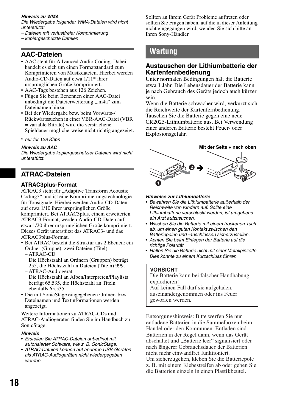 Aac-dateien, Atrac-dateien, Wartung | Aac-dateien atrac-dateien, Seite 18)), Seite 18 | Sony CDX-GT414U User Manual | Page 38 / 112