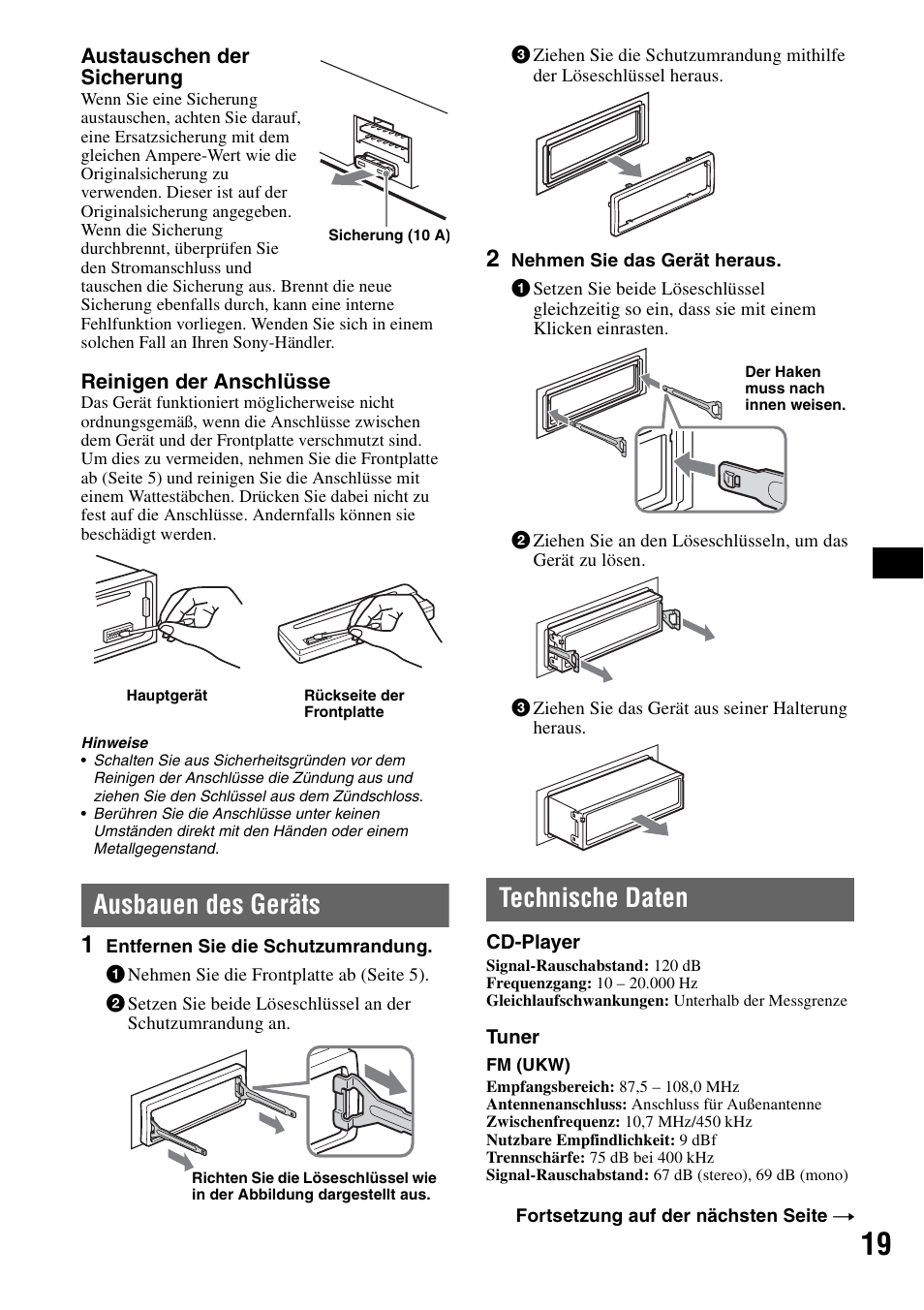 Ausbauen des geräts, Technische daten, Ausbauen des geräts technische daten | Sony CDX-GT414U User Manual | Page 39 / 112