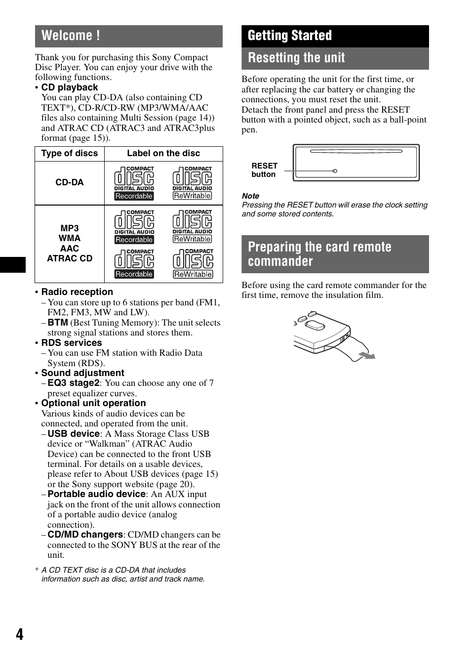 Welcome, Getting started, Resetting the unit | Preparing the card remote commander, Getting started resetting the unit | Sony CDX-GT414U User Manual | Page 4 / 112