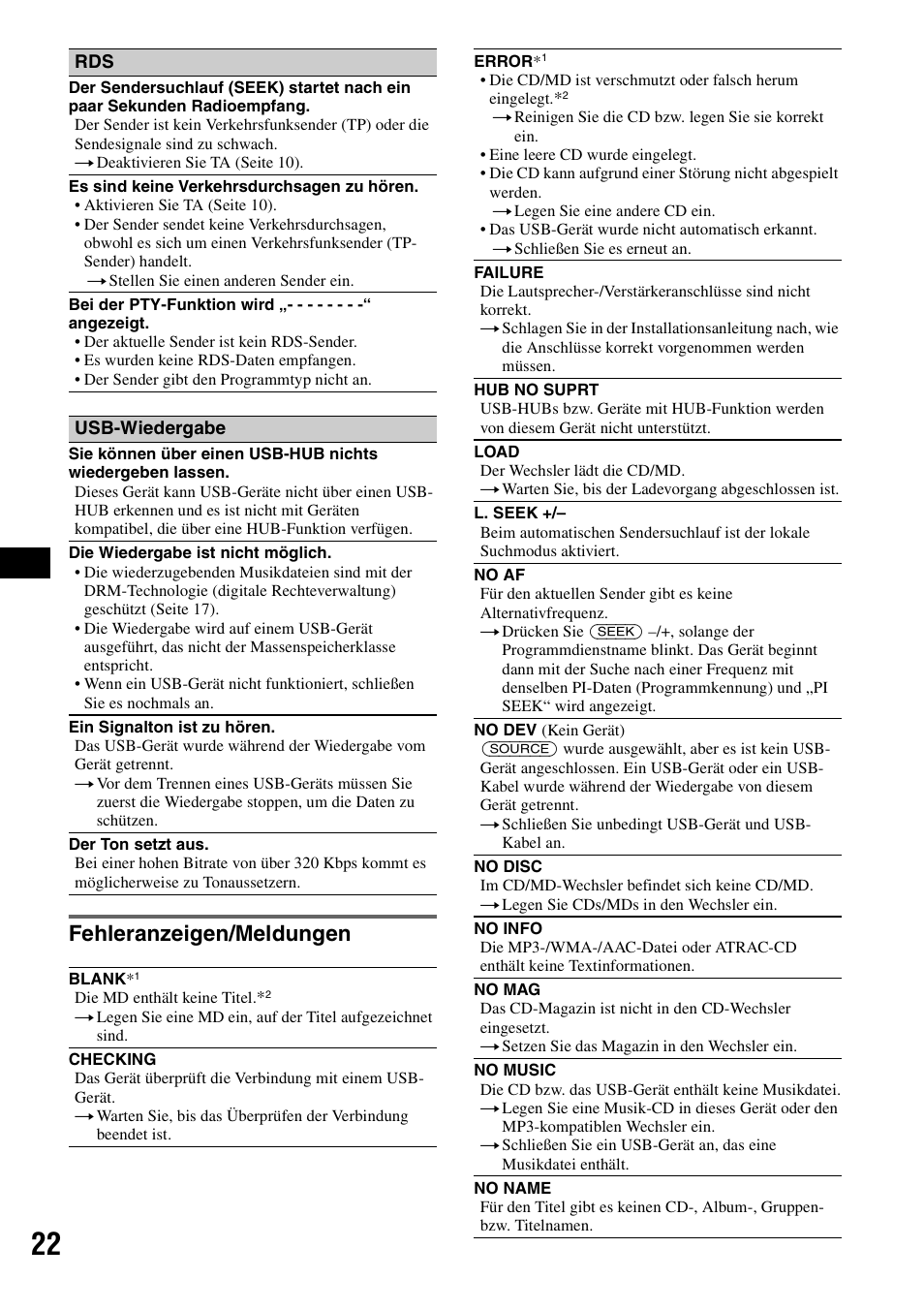 Fehleranzeigen/meldungen | Sony CDX-GT414U User Manual | Page 42 / 112