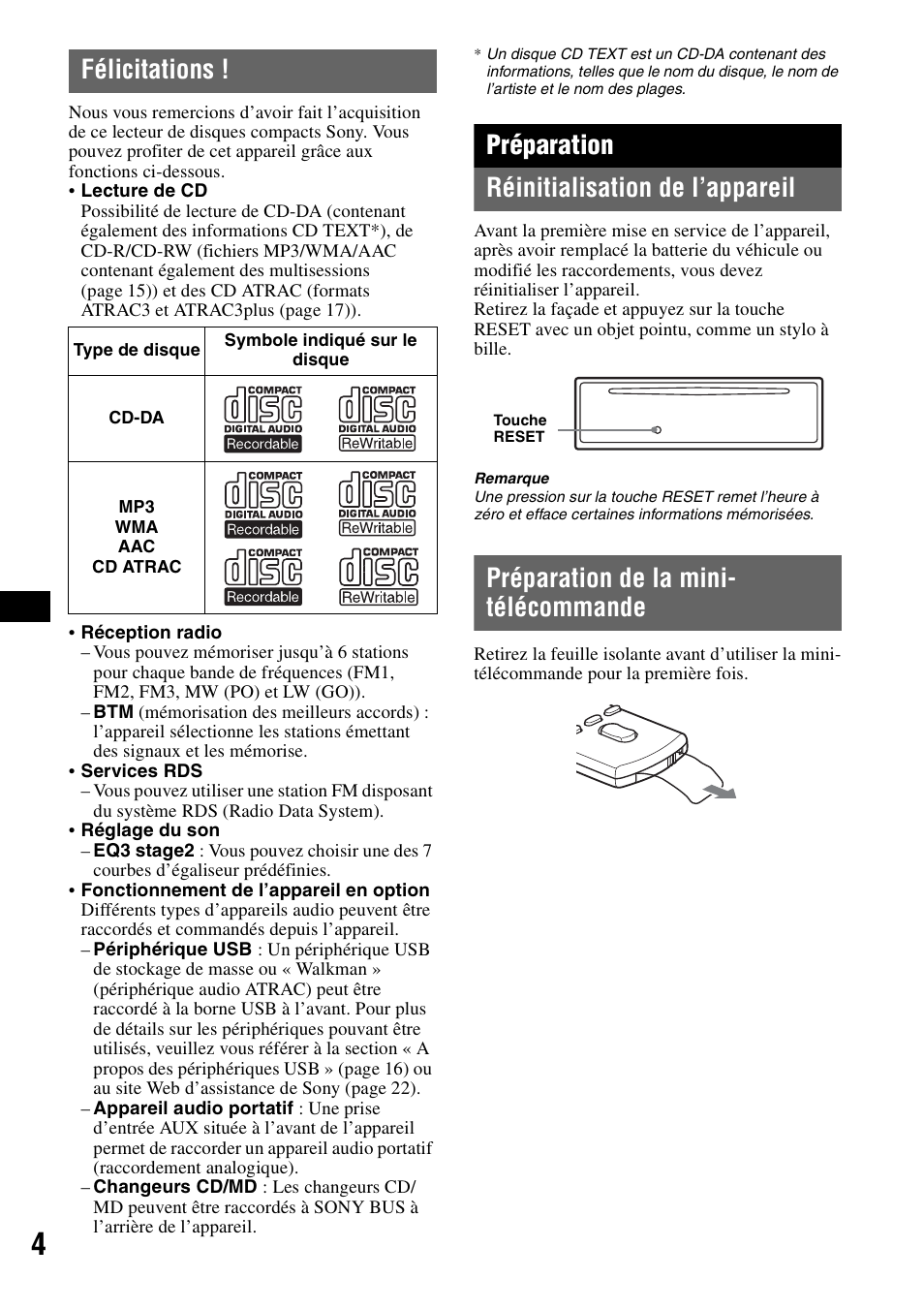 Félicitations, Préparation, Réinitialisation de l’appareil | Préparation de la mini- télécommande, Préparation réinitialisation de l’appareil | Sony CDX-GT414U User Manual | Page 46 / 112