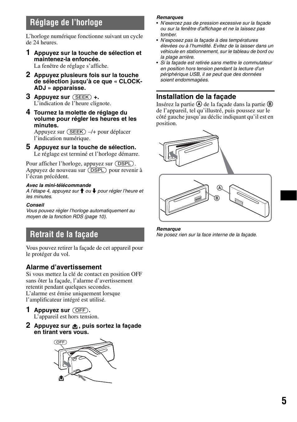 Réglage de l’horloge, Retrait de la façade, Installation de la façade | Réglage de l’horloge retrait de la façade | Sony CDX-GT414U User Manual | Page 47 / 112